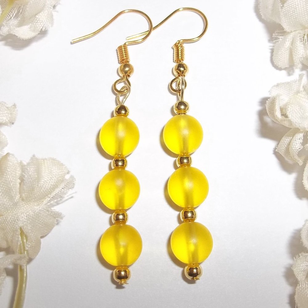 Long Beaded Earrings Yellow & Gold Handmade 6346